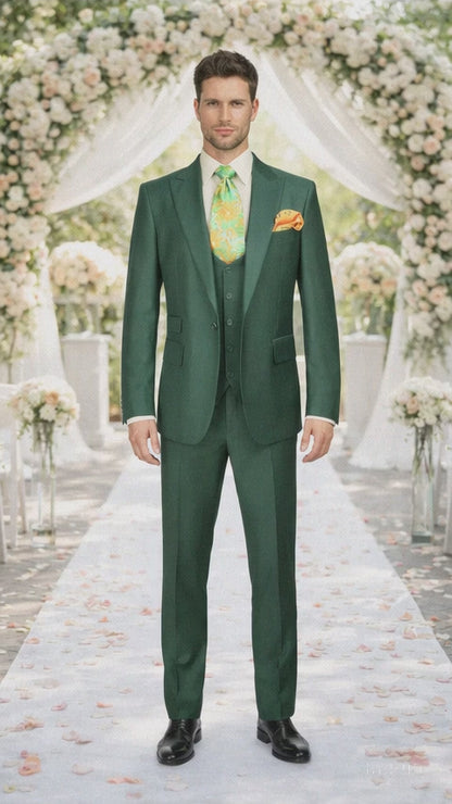 Rossiman Hunter Green Men's Slim-fit Suit Vested Flat Front Pants
