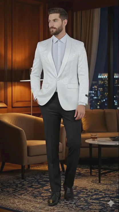 Big and Tall Men’s Silver Gray Paisley Tuxedo Jacket – Satin Shawl Lapel Blazer for Weddings, Proms, and Formal Events