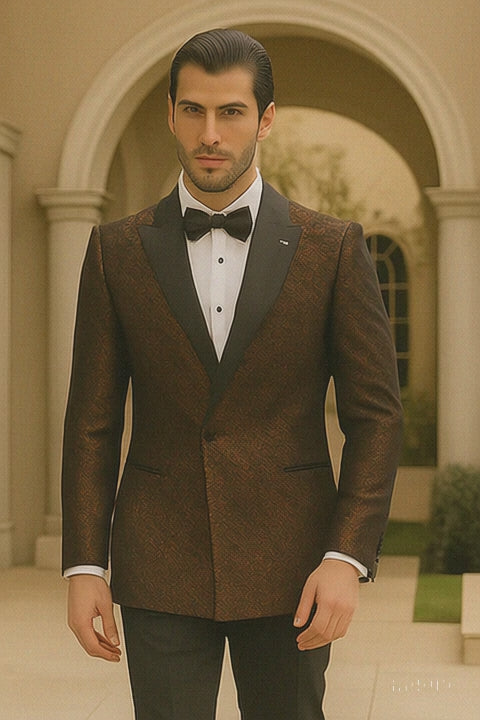 Bronze Double Breasted Rough Streak Pattern Satin Peak Lapel Stacy Adams Men's Jacket