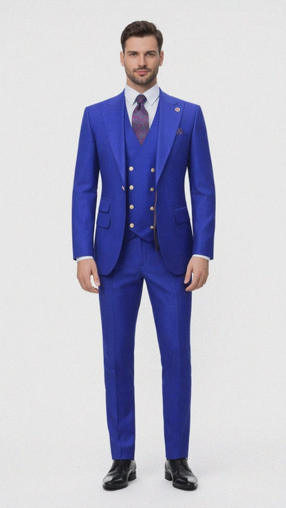 Rossiman Royal Blue Suit for Men – Classic 1-Button Peak Lapel Jacket & Double-Breasted Vest