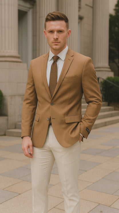 Mens Camel Brown Rustish Two-Button Classic Fit Sport Coat – Modern Blazer for Business and Special Occasions