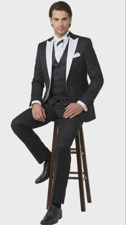 Men’s Black and White Lapel Prom Tuxedo Suit + Black Vest + Black Pants Peak Lapel