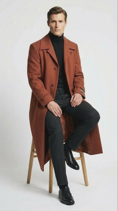 Men’s Full-Length Cognac Overcoat – Premium Wool-Blend Long Dress Coat for Winter and Formal Wear in Rust Brick Color