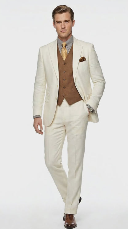 Men’s Ivory Great Gatsby Inspired Suit with Jacket, Vest and Pants, Vintage Formal Wedding Suit