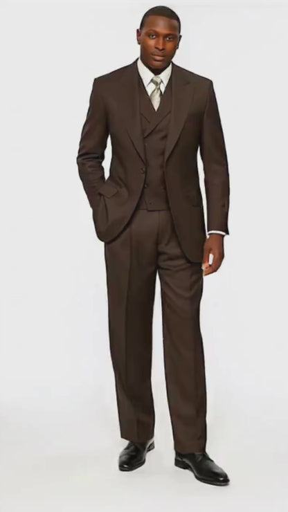 Tiglio Rosso Men’s Choclate Brown 3 Piece Suit –Double Breasted Vest with Classic 100% Wool Super 150's Fabric - Pleated Pants