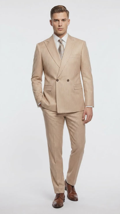 Vitali Men’s Tone on Tone Beige Pinstripe 2 Piece Suit, Double Breasted Summer Dress Suit for Weddings, Tan Beige Shadow Pinstripe