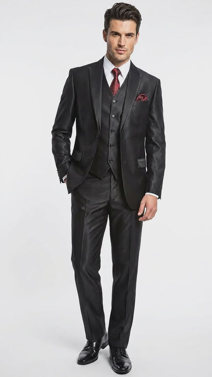 Men’s Black Shiny 3 Piece Tuxedo Groom Suit, Formal Vest Suit for Weddings, Prom, Black Tie Events, Black Lapel