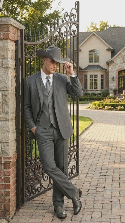 Men’s Grey 2 Button Trim Cowboy Tuxedo with Vest, Western Wedding Formal Suit