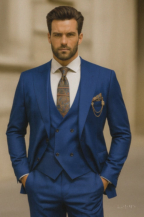 Men’s Royal Blue 3-Piece Suit with Vest and Chain – Modern Formal Wear