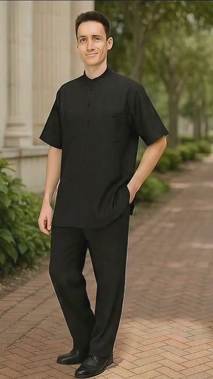 Men’s Black Banded Collar Walking Suit – Short Sleeve Shirt and Matching Pants Banded Collar Linen Fabric