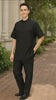 Men’s Black Banded Collar Walking Suit – Short Sleeve Shirt and Matching Pants Banded Collar Linen Fabric