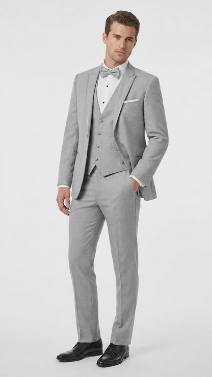 Men’s Light Grey Marseille 1 Button Peak Lapel Tuxedo with Satin Trim, Designer Wedding Suit