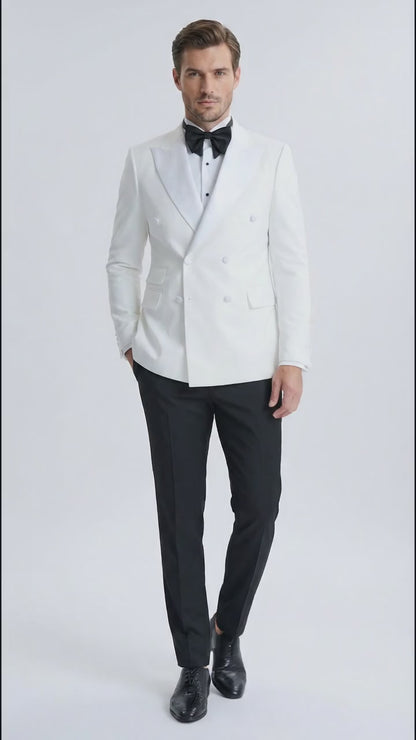 Men’s White Double Breasted Dinner Jacket Blazer with Black Pants – Formal Tuxedo Style Outfit for Weddings