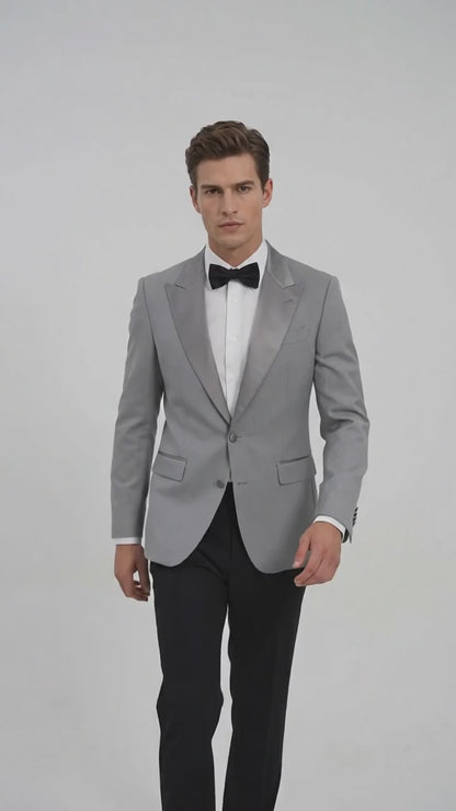 Men’s Silver Dinner Jacket – Satin Peak Lapel Tuxedo Blazer for Weddings, Prom & Formal Events in color silver grey