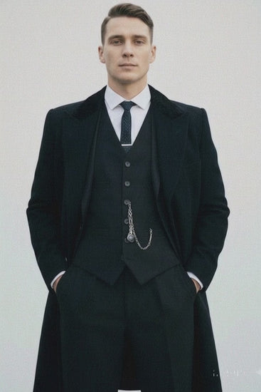 Mens Costume Thomas Shelby Black Vested Suit & Black Overcoat
