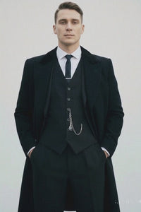 Mens Costume Thomas Shelby Black Vested Suit & Black Overcoat