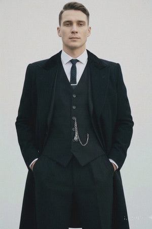 Mens Costume Thomas Shelby Black Vested Suit & Black Overcoat