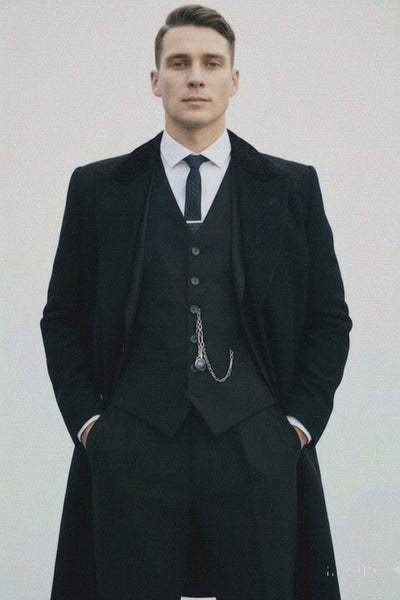 Mens Costume Thomas Shelby Black Vested Suit & Black Overcoat