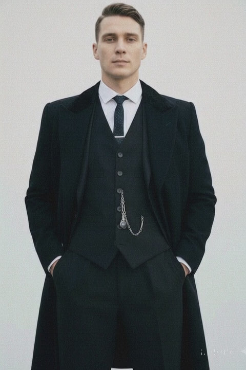 Mens Costume Thomas Shelby Black Vested Suit & Black Overcoat