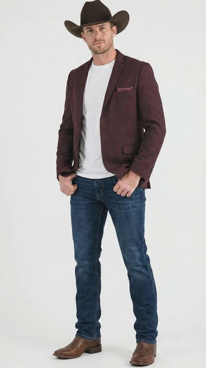 Men’s Burgundy Western  Blazer Jacket, Textured Cowboy Style Sport Coat for  - Tweed Herringbone Maroon Color