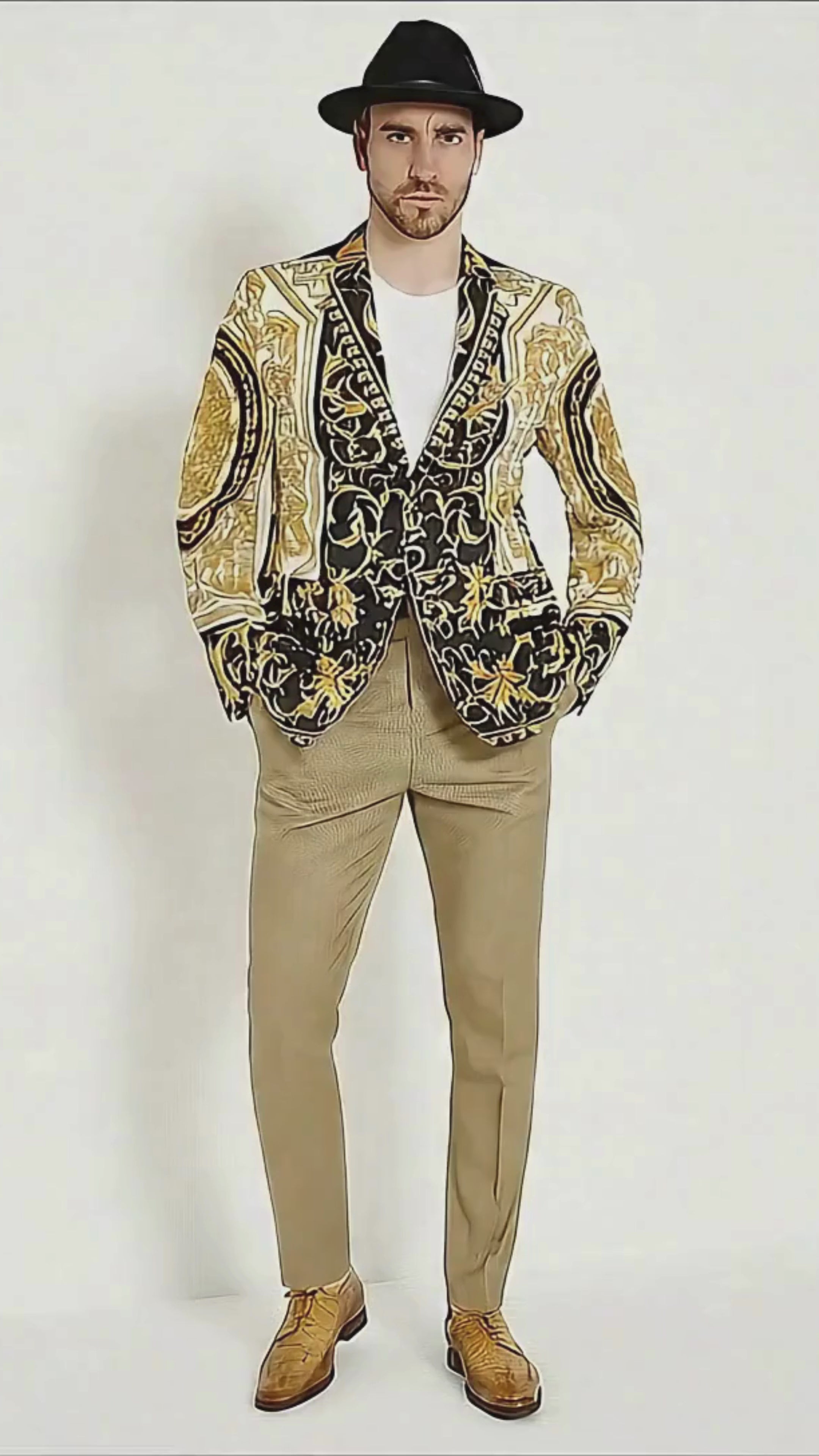 Men’s Black and Gold Baroque Blazer with Matching Pants, Hat, and Shoes – Luxury Party and Wedding Outfit Set