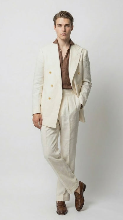 Men’s Off White 70s Style Double Breasted Suit – Vintage Retro Wide Lapel Classic Outfit for Party, Wedding and Casual Fashion Wear
