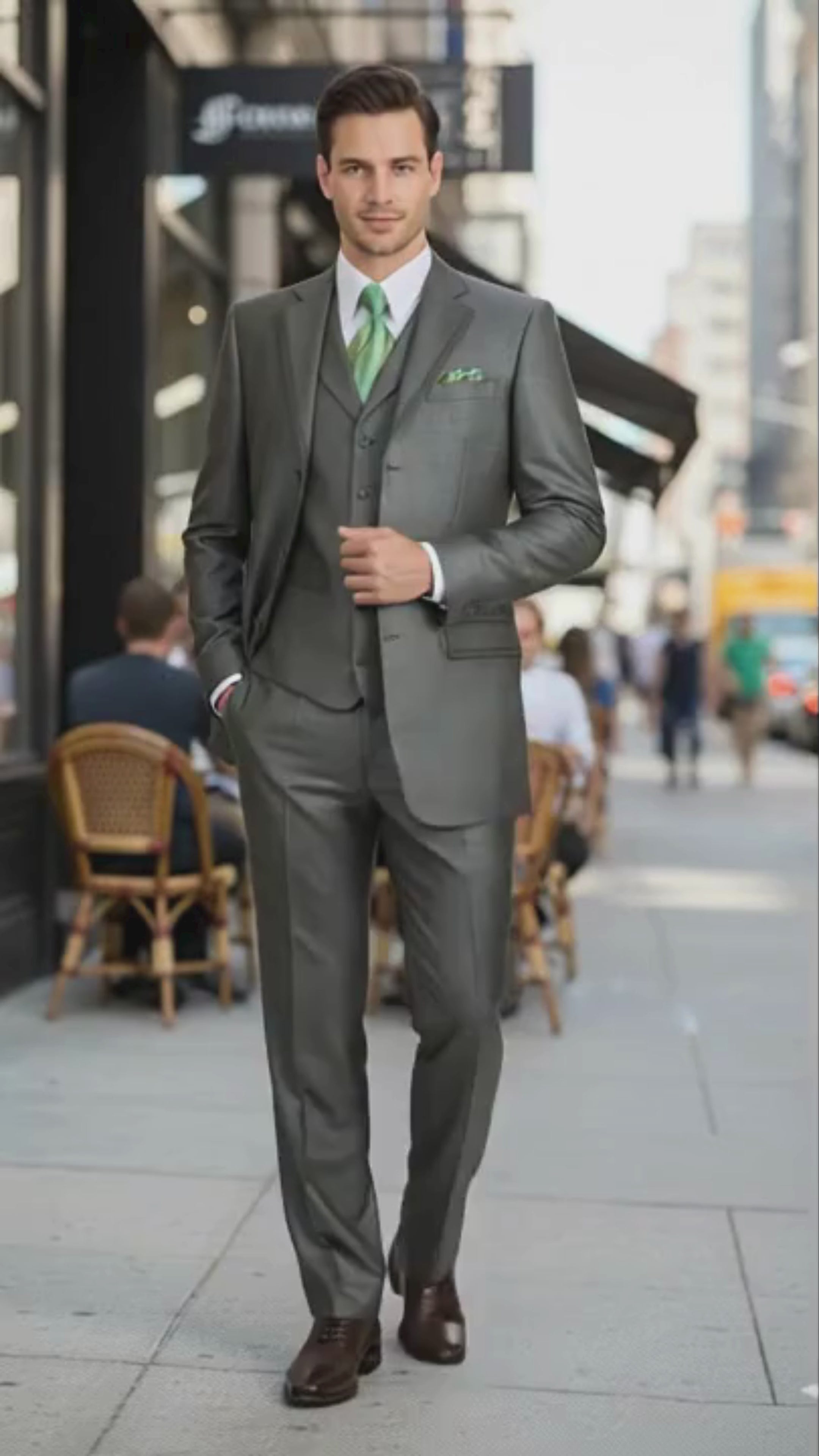 Men’s Olive Green 3-Piece Suit – Classic Fit with Vest and Tie Pleated Pants Three Buttons