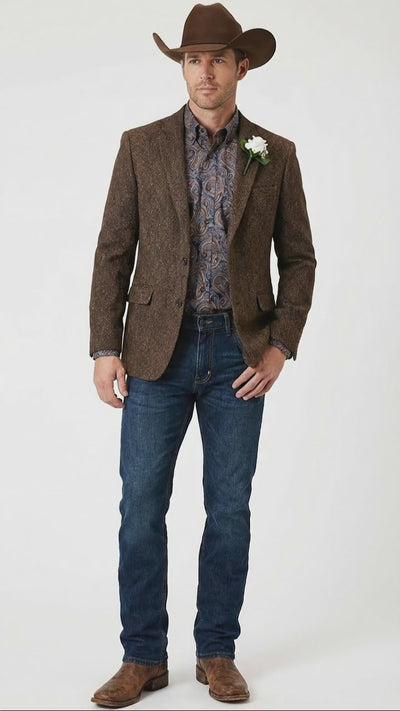 Men’s Brown Western Tweed Herringbone Blazer Jacket – Classic Cowboy Style Sport Coat for Wedding Party