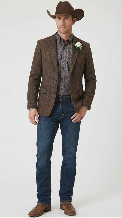 Men’s Brown Western Tweed Herringbone Blazer Jacket – Classic Cowboy Style Sport Coat for Wedding Party