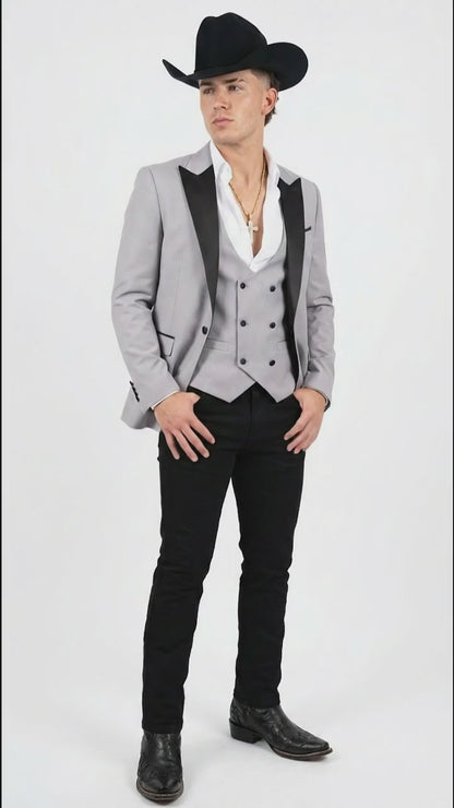 Men’s Light Gray Cowboy Tuxedo with Black Satin Lapel – Western Formal Suit with Double Breasted Vest