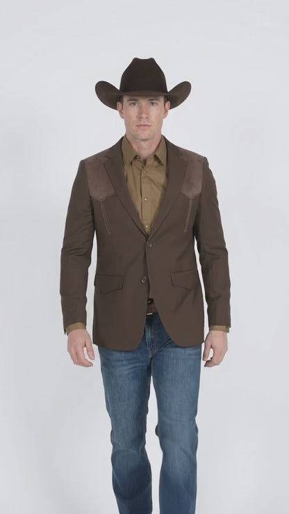 Men’s Dark Brown Western Blazer with Suede Yoke – Cowboy Sport Coat with Western Shoulder Details