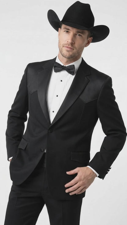 Mens Traditional Black Western Tuxedo Suit – 2 Piece Cowboy Formal Suit with Western Yoke Sport Coat & Matching Black Pants