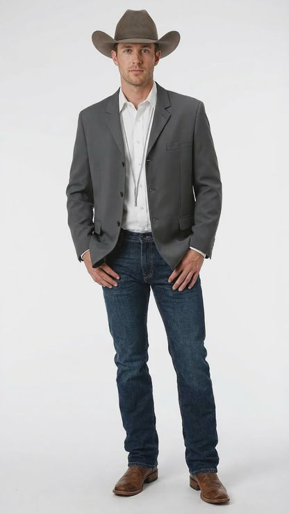 Mens Charcoal Grey Three Buttons Western Blazer – Classic Fit Cowboy Style Three Button Formal Dress Jacket