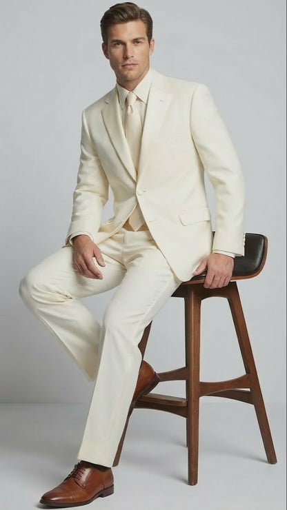Men’s Ivory Tuxedo Suit with Satin Notch Lapel – Formal Wedding and Evening Wear Suit in Cream Off White Color