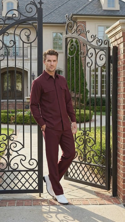 Men’s Apollo King Burgundy 2 Piece Walking Suit with Long Sleeve Shirt Jacket and Matching Pants