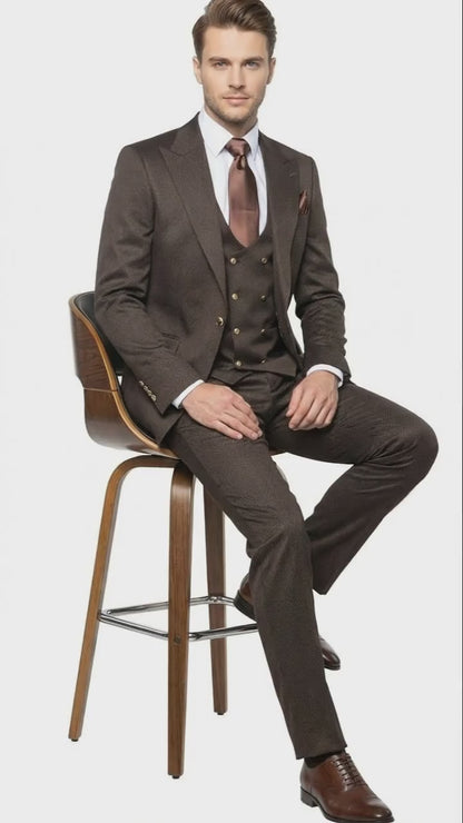 Men’s Chocolate Brown Textured 3-Piece Suit – Luxury Double-Breasted Vest Formal Set
