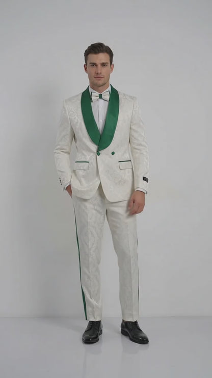 Mens Green & White Tuxedo Suit – White Floral Jacquard Wedding Suit with Green Shawl Lapel