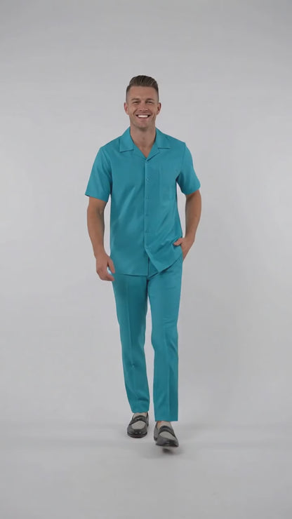 Men’s Turquoise Linen Shirt and Pants Set, Casual Summer Walking Suit Outfit