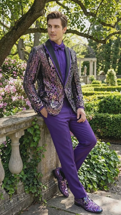 Mens Mardi Gra Black and Purple and Gold Sequin Tuxedo Jacket Set – Designer with Floral Pattern Jacket Formal Wedding Party Wear Bowtie