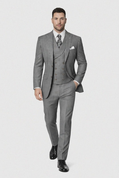 Mens Gangster Pinstripe 2 Button Double Breasted Vest Grey Suit