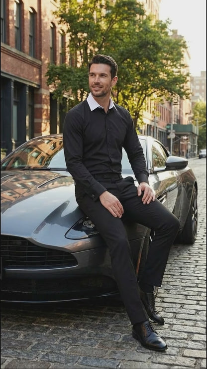 Men’s Black Dress Shirt with White Contrast Collar | French Cuff Cotton Poplin Formal Button-Up Shirt