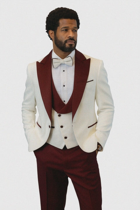 Hilton White and Burgundy Paisley Peak Lapel Tuxedo Jacket with Matching Shawl Vest and Wool Pants – Includes Bow Tie