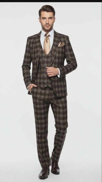 Men’s Brown Plaid Windowpane Three-Piece Suit Set – Classic Slim Fit Jacket, Double-Breasted Vest and Modern Fit Pants  By Rossiman