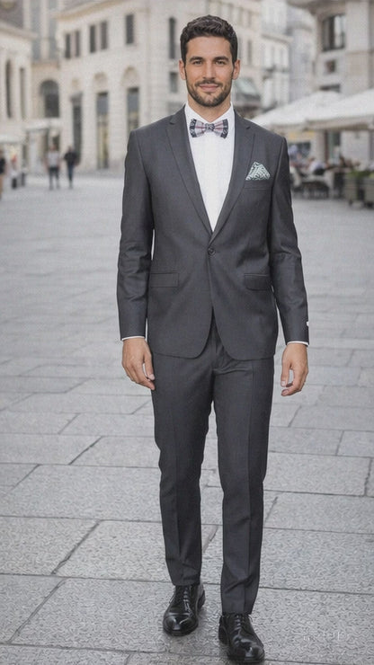 Rossiman Men's Slim Fit Gray Wool Suit – 1-Button Peak Lapel Jacket & Tapered Low-Rise Pants