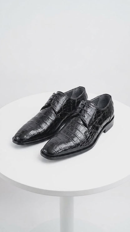 Men’s Los Altos Black Crocodile Dress Shoes with Italian Toe, Exotic Formal Lace Up Shoes
