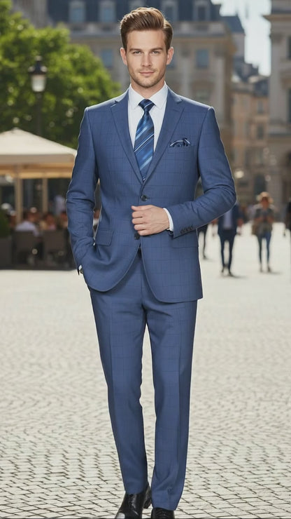 Mens Indigo Navy Blue Windowpane Check Suit – Classic 2-Piece Formal Business and Wedding Wear Set in Cobalt Blue