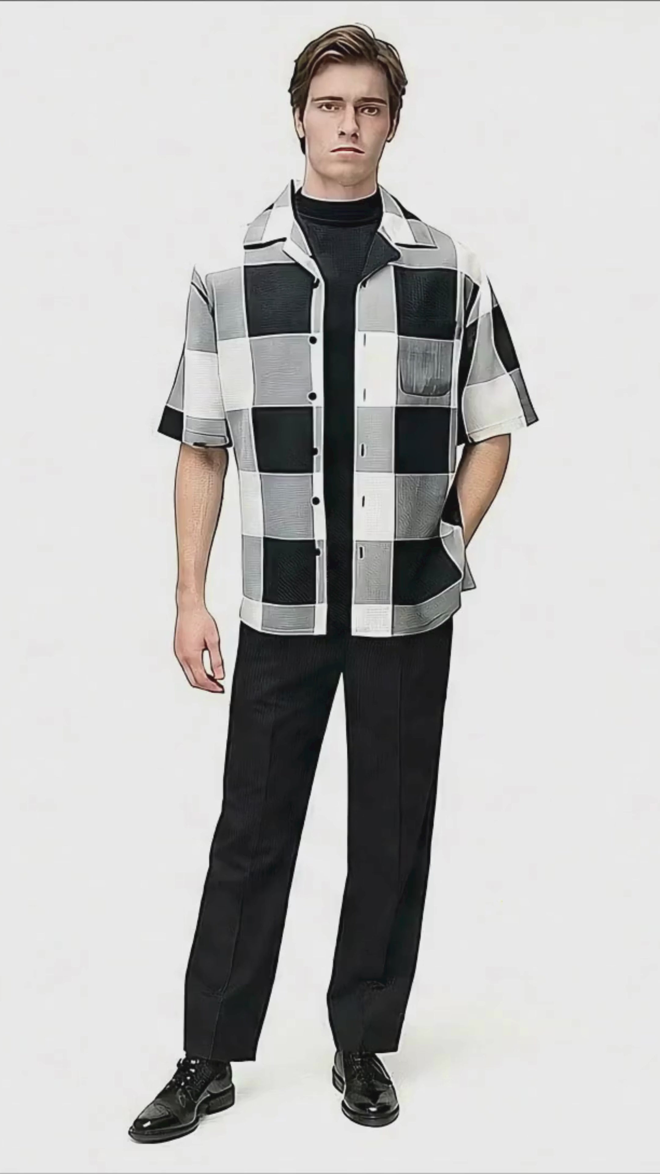 Mens Black and White Checkered Short Sleeve Shirt Set – Casual Two-Piece Summer Outfit