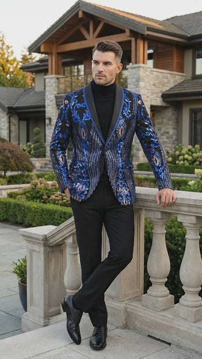 Mens Black and Royal and Gold and Navy Blue Sequin Tuxedo Suit Set – Luxury Prom Wedding Tuxedo with Sequin Jacket
