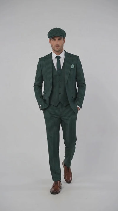 Men’s Hunter Green Pinstripe 3-Piece Suit – Vintage Wedding, Prom and Formal Suit with Matching Vest