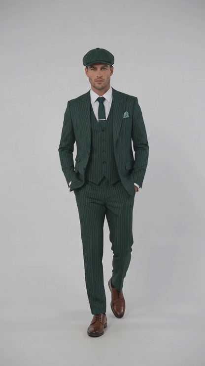 Men’s Hunter Green Pinstripe 3-Piece Suit – Vintage Wedding, Prom and Formal Suit with Matching Vest